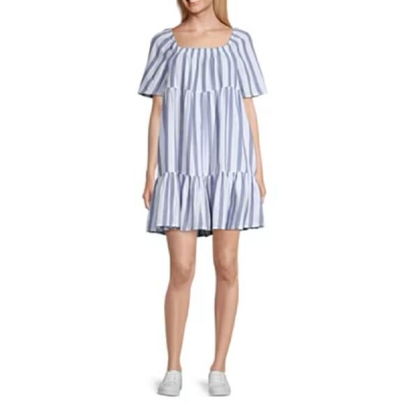 a.n.a Polly stripe blue Short Sleeve A-Line Dress - Picture 1 of 9